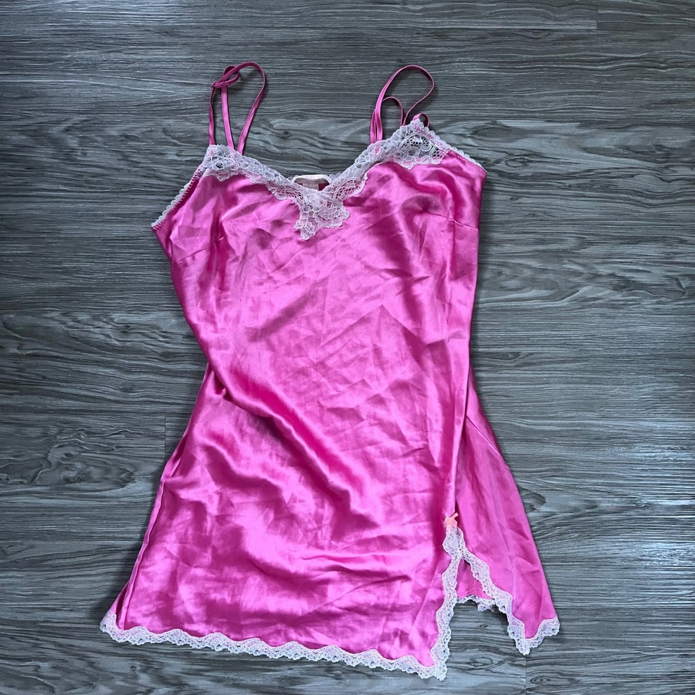 Victoria's Secret Hot Pink Satin Lace Trim Slip Dress Nightgown Medium 337626